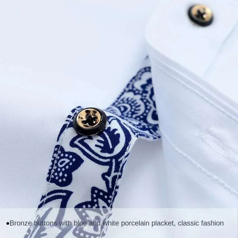 High Quality Men's Shirts with Retro Blue and White Porcelain Collar Long-sleeved Slim Fit Dress Shirts Business Casual Style