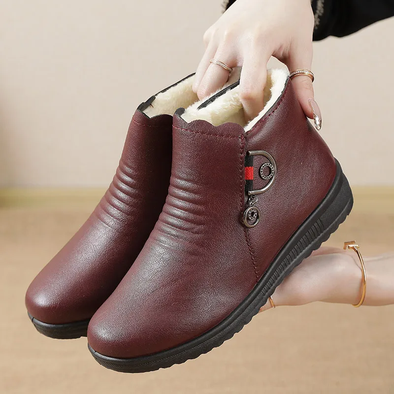 Winter Women Pu Leather Flat Casual Ankle Boots  Women Warm Fur Ankle Boots Mother Slip On Winter Shoes