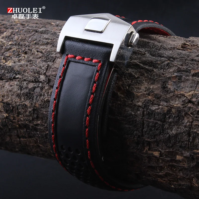 Elegant Cowhide Leather Watchband with Metal Folding Buckle - Black/Red