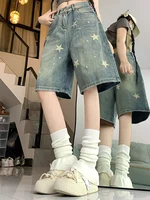 Women High Waist American Retro Washed Wide Leg Jeans Girls Street Do Old Star Loose Denim Pants Female Blue Knee Length Shorts - Image 4
