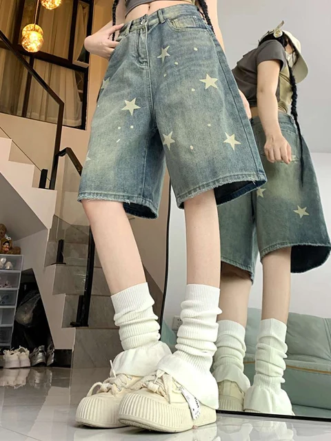 Femmes taille haute américain rétro lavé jambe large jean filles rue faire vieille étoile pantalon en Denim ample femme bleu genou longueur Shorts 4
