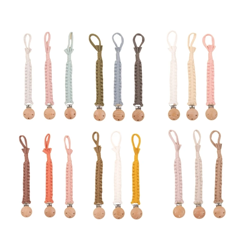 3Pcs Pacifier Chain Cotton+Wood Pacifier Clip Holder Strap Toddlers Soother Rope
