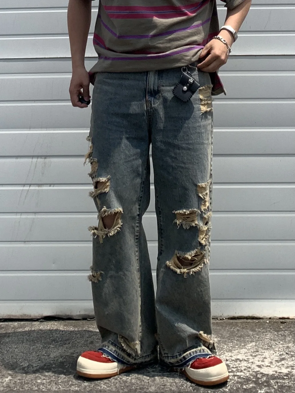 2024 Summer New Korean Edition Personalized Straight Barrel Broken Hole Beggar Casual Jeans men\'s for Men streetwear