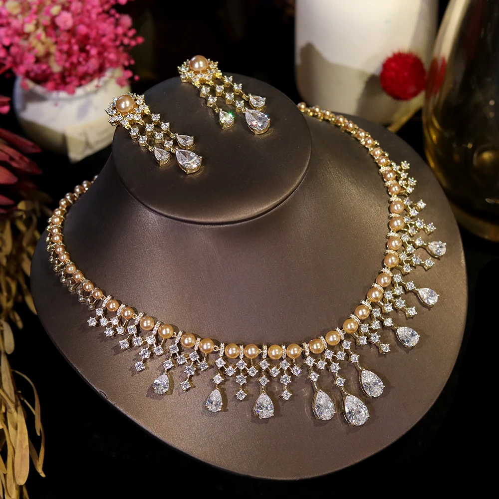 ASNORA Zirkonia Goldene Perlen Schmuck Set Braut Hochzeit CZ Halskette für Bräute conjuntos femininos elegantes_voghion.com