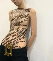 T-shirt Y2K à col rond pour femmes, style euro-américain, gaze, lettre, sexy, club, fibres, vêtements pour femmes, filles, Y 4