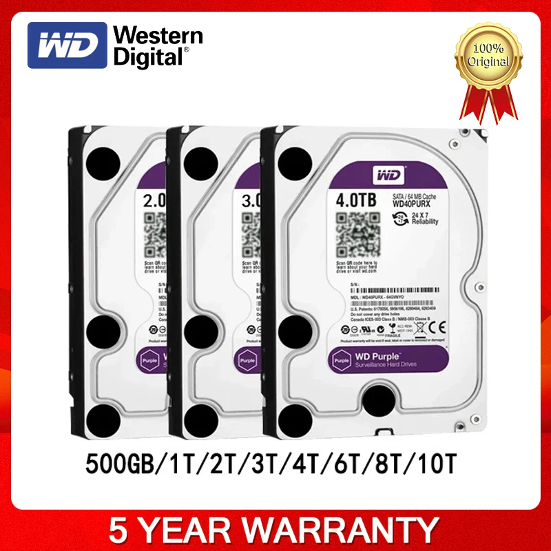 

Внутренний жесткий диск Western Digital Purple, 1 ТБ, 4 ТБ, 3,5 дюйма, 64 Мб кэш-памяти, SATA III, 6 Гб/с, жесткий диск для систем видеонаблюдения, DVR, NVR
