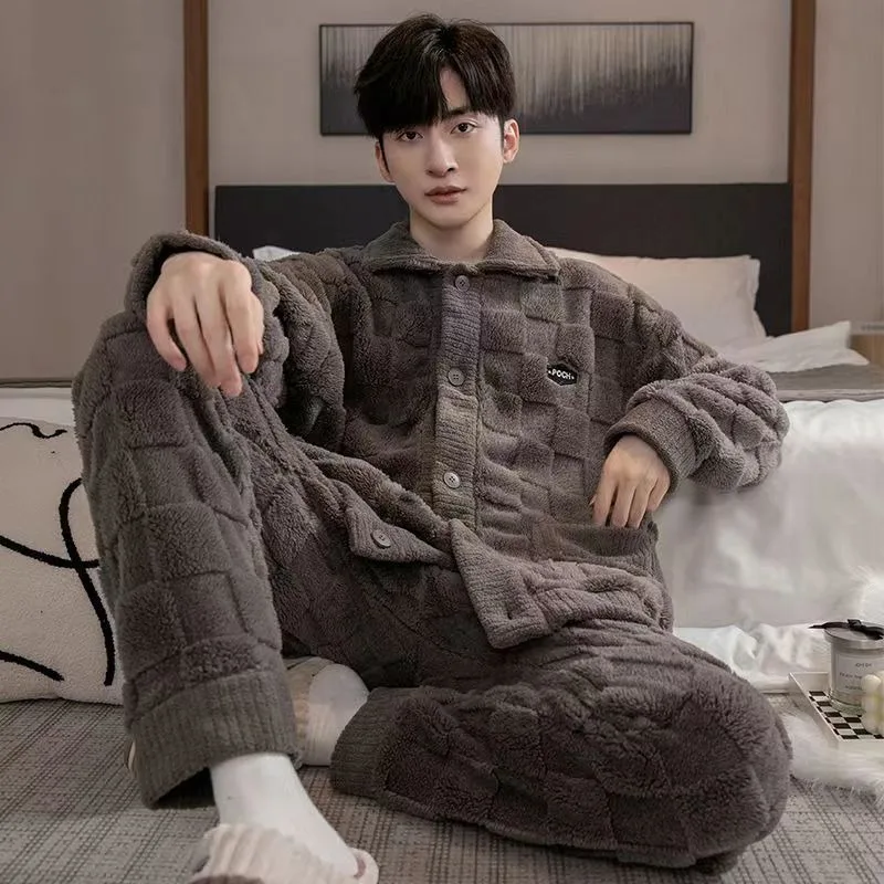 2024 New Coral Fleece Pajamas Men Winter Thickened Loungewear Long Sleeve Fleece Sleepwear Loose Warm Lapel Collar Homewear Set