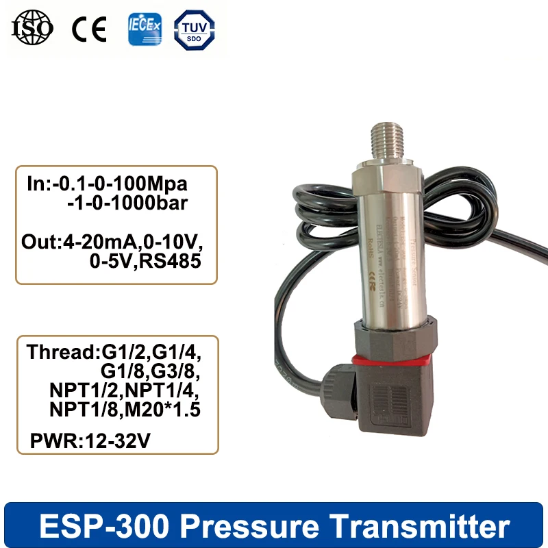 

Pressure Sensor Range -1-0-1000bar Output 4-20ma 0-10V RS485 0-5V Water Tank Oil Gas G1/2Thread Size Pressure Transmitter