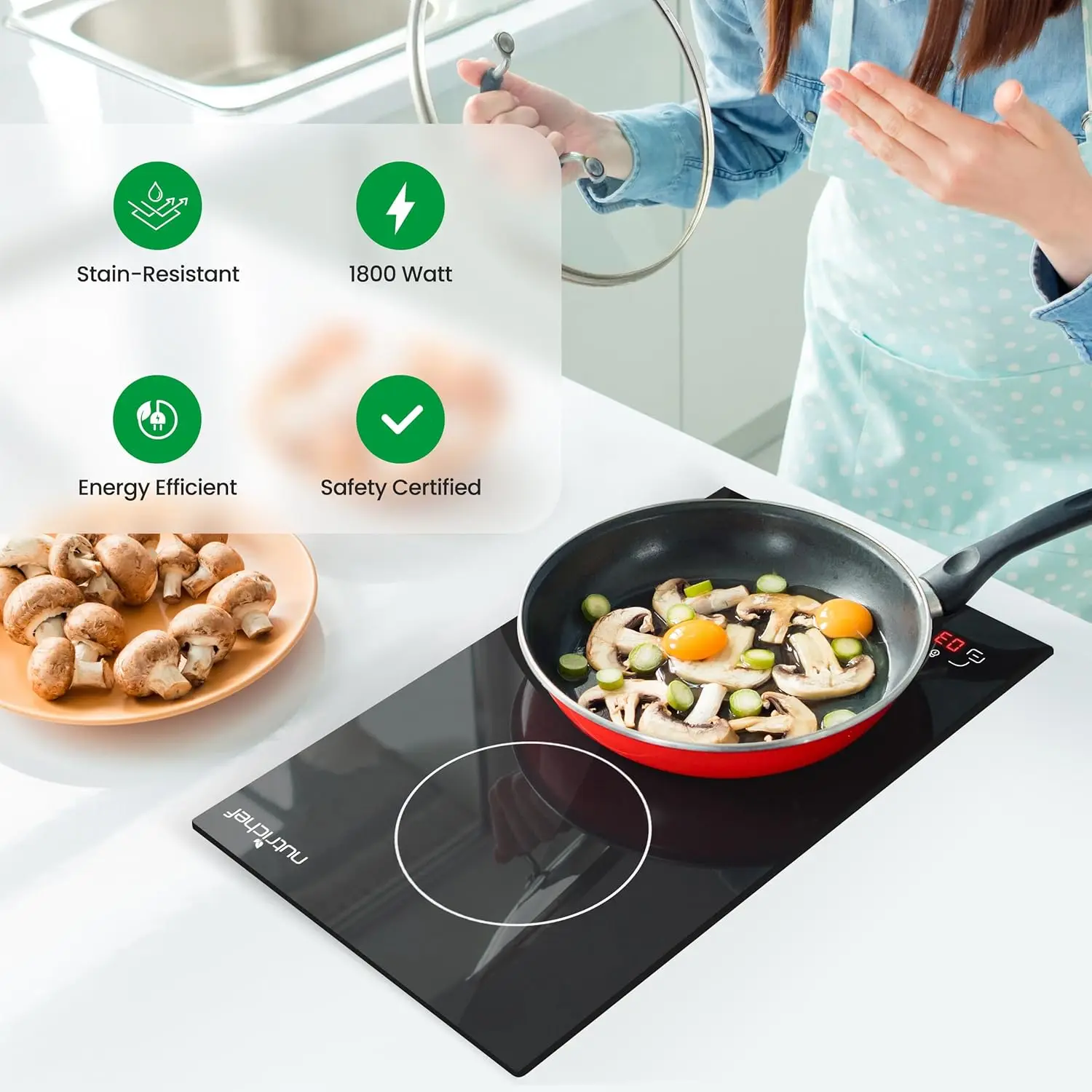 Cooktop 2 Glass Induction Burner Zones Adjustable Temperature Settings-1800W Electric CookerDigital