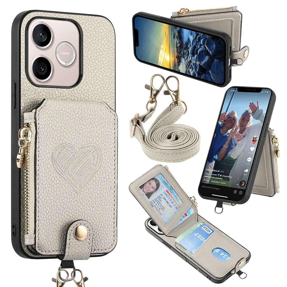 Zipper Wallet Leather Phone Case with Card Holder and Lanyard