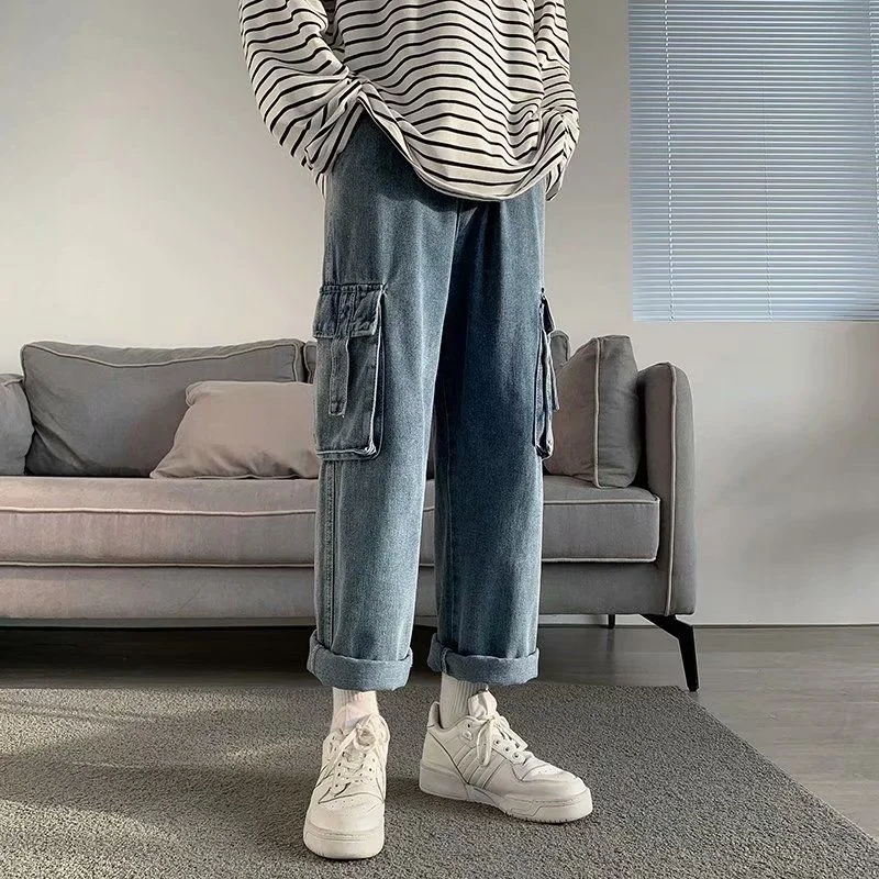

Loose Blue Wide Leg Jeans Men Loose High Street Retro Pants Hiphop Casual Big Pocket Overalls Oversize Straight Denim Trousers