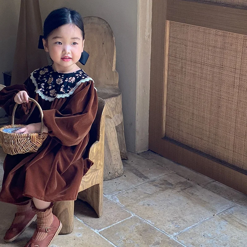 Autumn Velvet Kids Long Dress for Girls Floral Round Collar