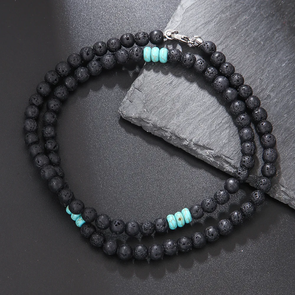 

New Natural Stone Beaded Necklace Men Handmade Classic 6mm Lava Stone Bead Necklace For Men Party Jewelry Gift