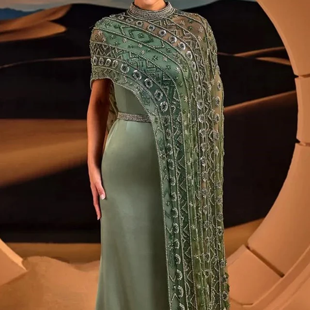 Cape Sleeves Mermaid Satin Evening Dresses Luxury Beading High Neck Sequin Arabic Formal Wedding Party Prom Gown Customized 1