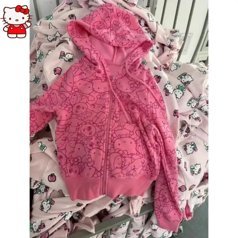 애니메이션 Y2K 헬로 키티 코트 후드티 여성용 후드티 야외 봄 가을 두꺼운 상의 루즈 학생 소녀 선물