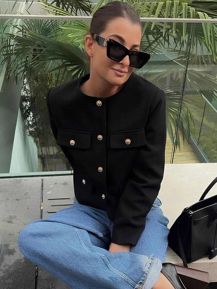 TRAFZA Women Elegant Cropped Jacket 2024 Women's Fashion Jacket O-Neck Long Sleeved Flip Pocket Coat Female Casual Outwear Tops 2