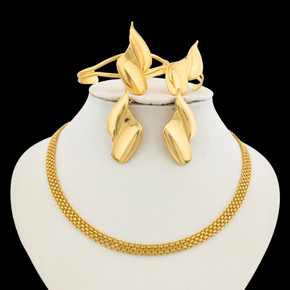Dangle Earrings & Chain Necklace Jewelry Set with Bangle Ring, Engagement Party Gift, Elegant Jewellery Woman Accessories