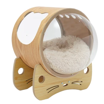 Wooden Spaceship Pet Bed for Cat & Dog Window Capsule-shaped Cat Bed Made of Wood House Cat Bed Indoor with Cushion 1