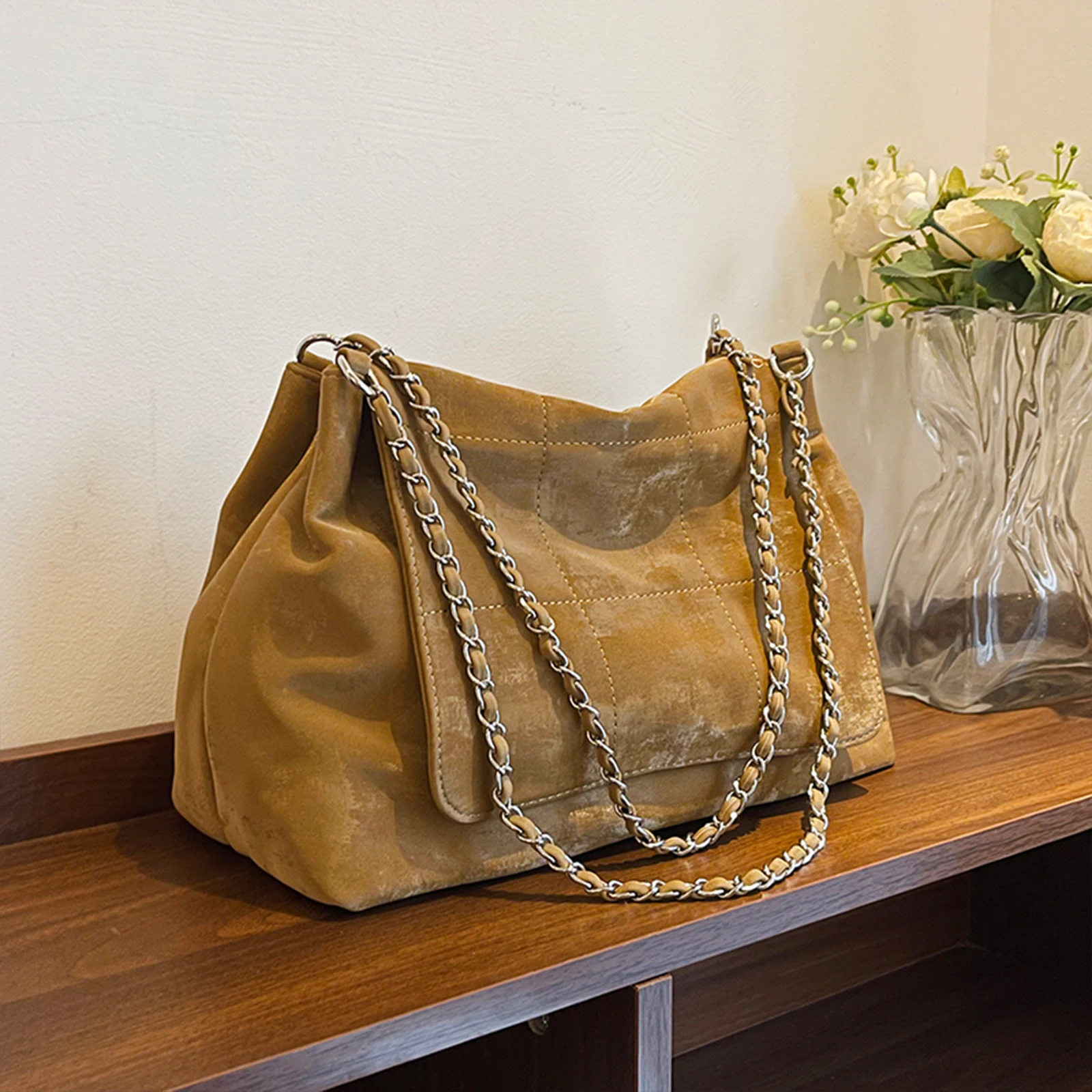 PU Leather Handbags Vintage Underarm Bag with Chain Strap Tote Bag for Women Work Shopping Travel Daily