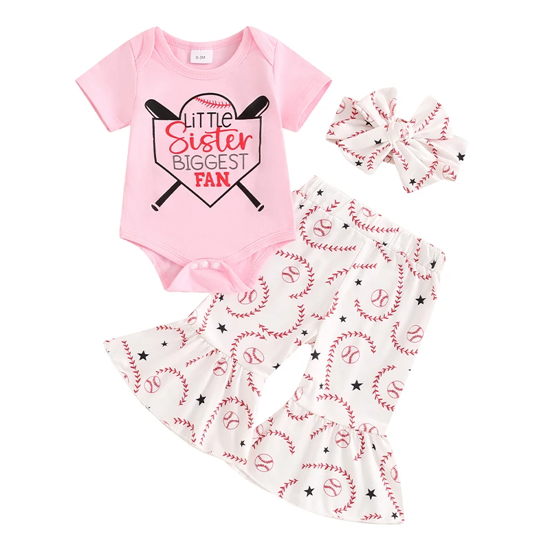 

Baby Girls Summer 3PCS Sets Short Sleeve Romper Tops Baseball Print Flared Pants Headband Sets