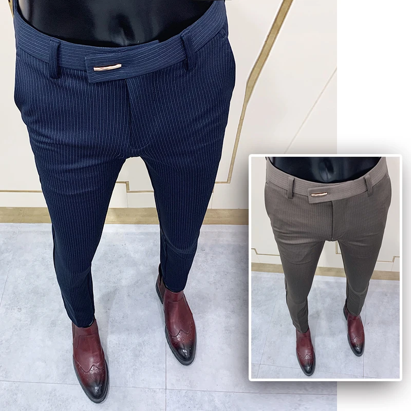 Men Striped Suit Pants Elegant Skinny Fit Office Business Slim Fit Dress Ankle Trousers stretch pants business pants suit pants men pants