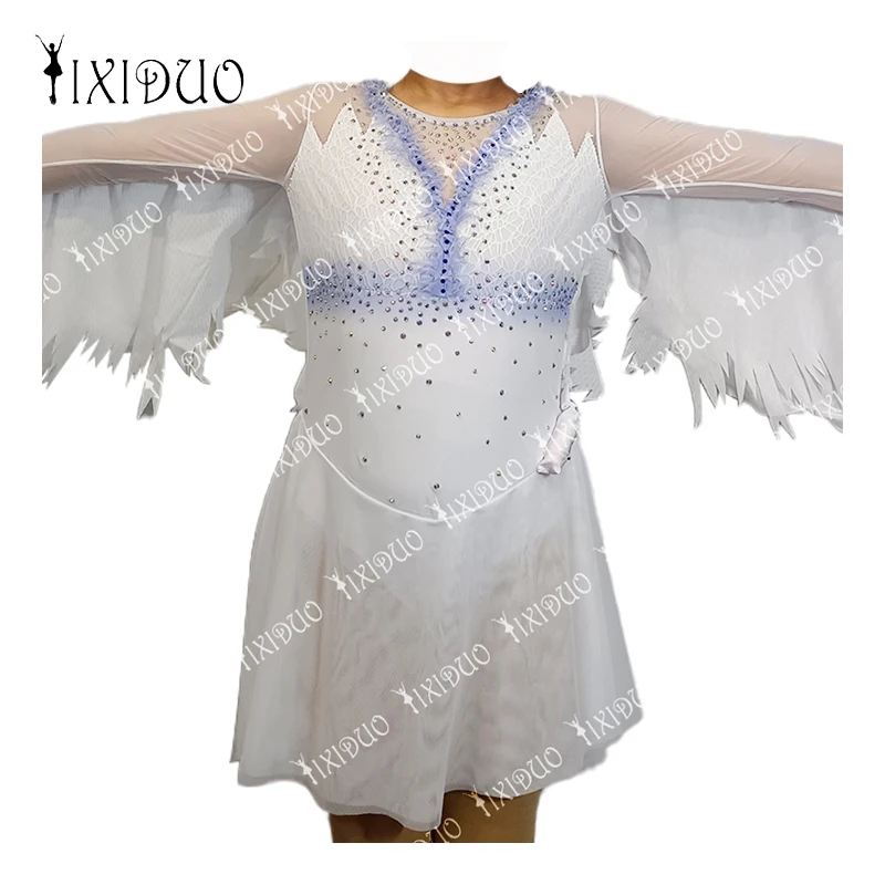 

White Swan Figure Skating Dress with Light Wings for Women Girls Spandex Competition Ice Skating Wear Long Sleeve Dance Costume