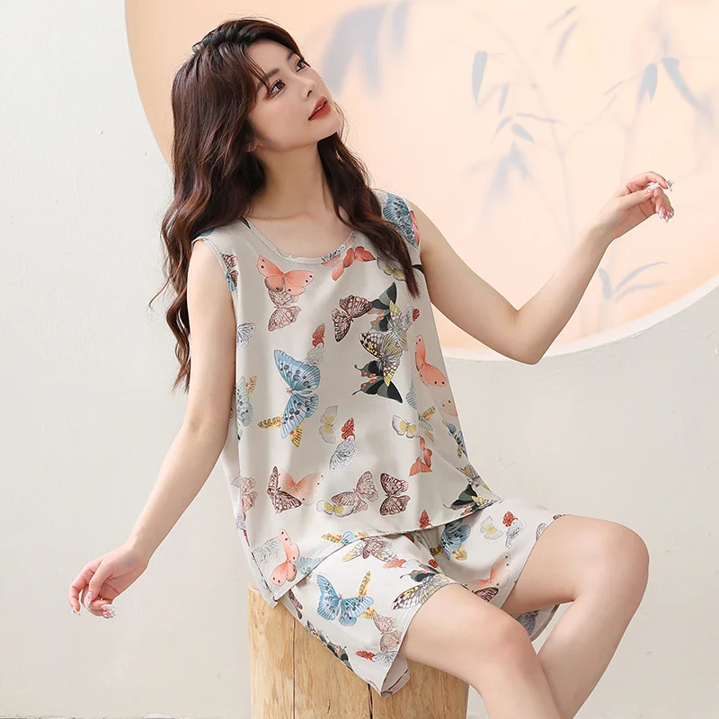 Floral Viscose Pajamas Set for Women Summer Thin Cotton Sleeveless Top and Shorts Pj Set Two Piece Soft Sleepwear Loungewear Set