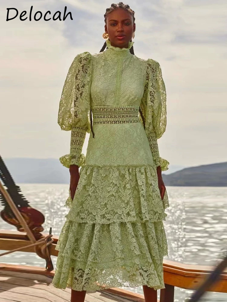 

Delocah/высококачественное осеннее женское модное платье миди с расклешенным длинным рукавом, ажурное кружевное платье с высокой талией и оборками