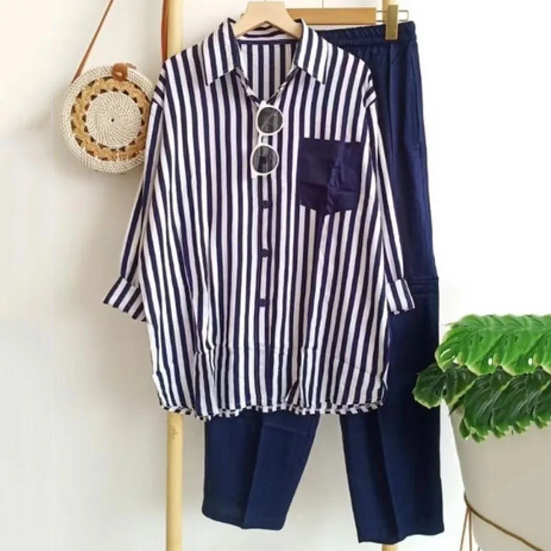 Women Casual Wear Shirt Pants Set Summer Casual Loose Striped Shirt T-Shirt Wide Leg Pants Set Two Piece Set