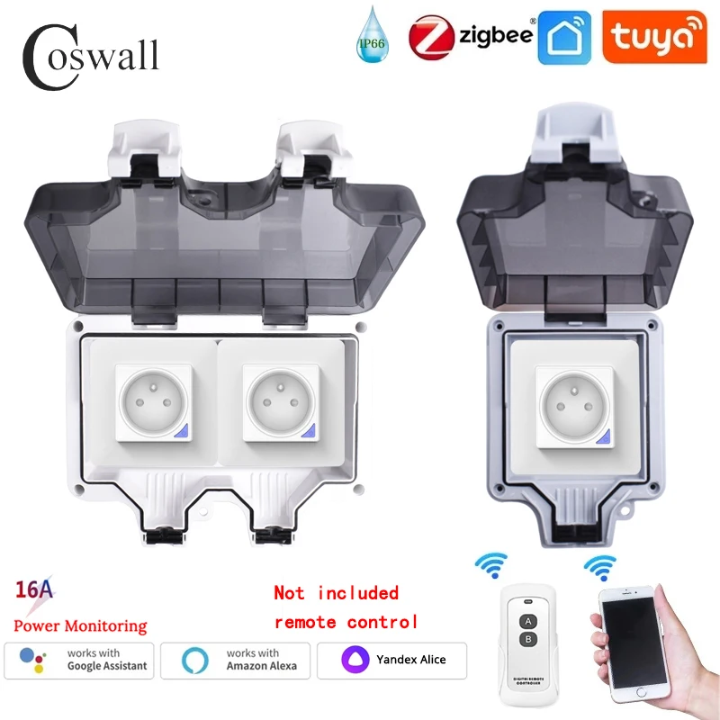 Soquete Padrão Francês Impermeável Tuya Wifi Zigbee Timer Switch Programável com Função de Monitoramento de Energia Branco Coswall-ip66