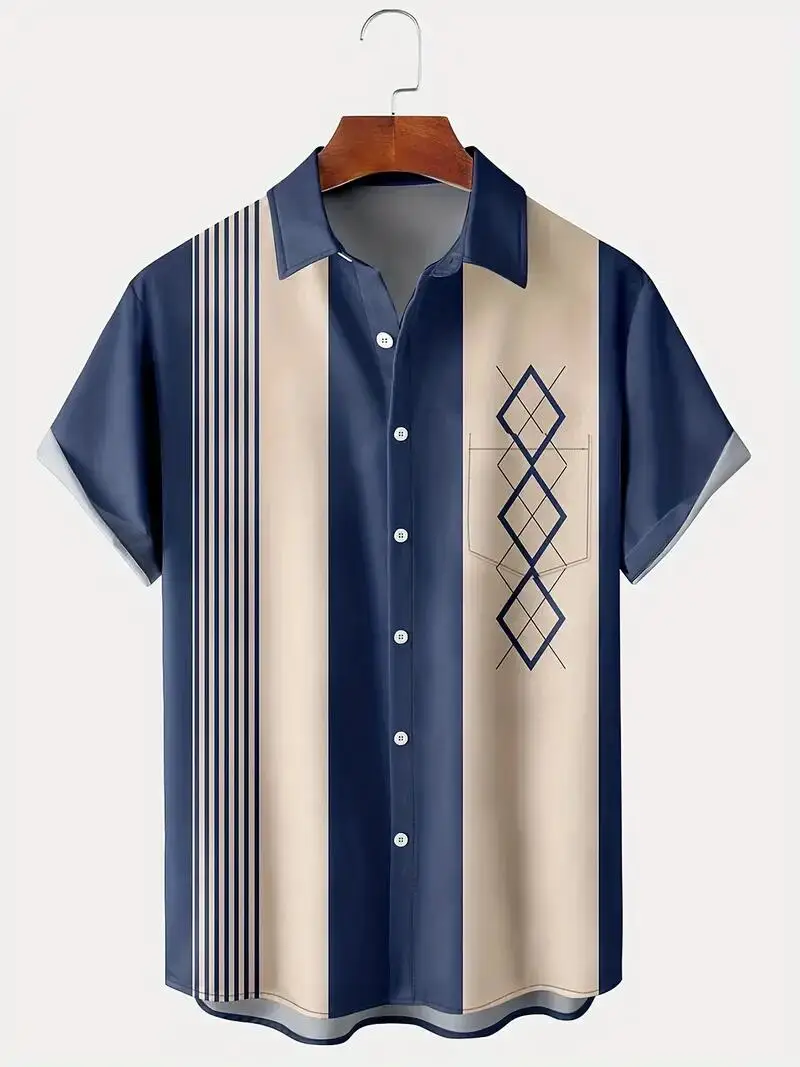 2024 Summer New Trendy Hawaiian Fashion Shirt with Retro Bowling Ball Geometric Print Men's Shirt with Pocket Button Large Cloth 2
