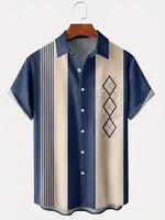 2024 Summer New Trendy Hawaiian Fashion Shirt with Retro Bowling Ball Geometric Print Men's Shirt with Pocket Button Large Cloth 2