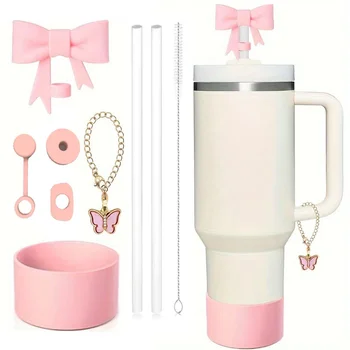9pcs Accessories Set for Cup 30oz/40oz Spill Proof Stopper Flowers Straw Cover Silicone Boot Charm Butterfly Chain