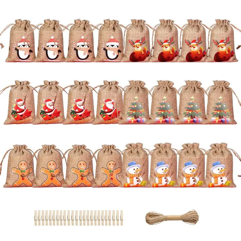 

Christmas Advent Calendar Bags 24pcs/set Countdown Hanging Burlap Drawstring Gift Bags with Clips and Rope Festive Decoration