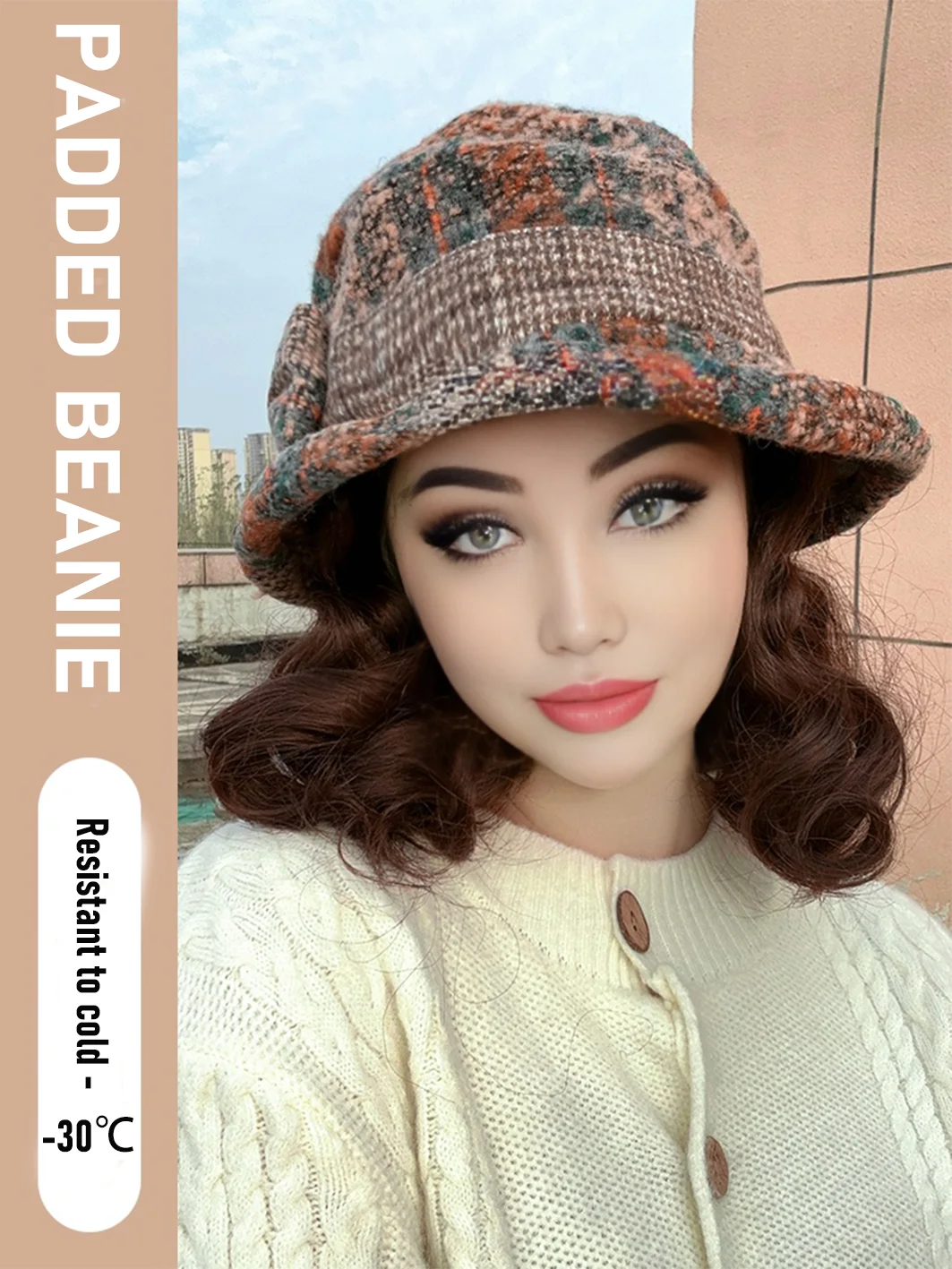 Synthetic 6inch Blue Bow Fisherman's Hat Slouchy Curl Wig Brown Princess Curl Lo Coldproof Warm Horse Roll Christmas Gift