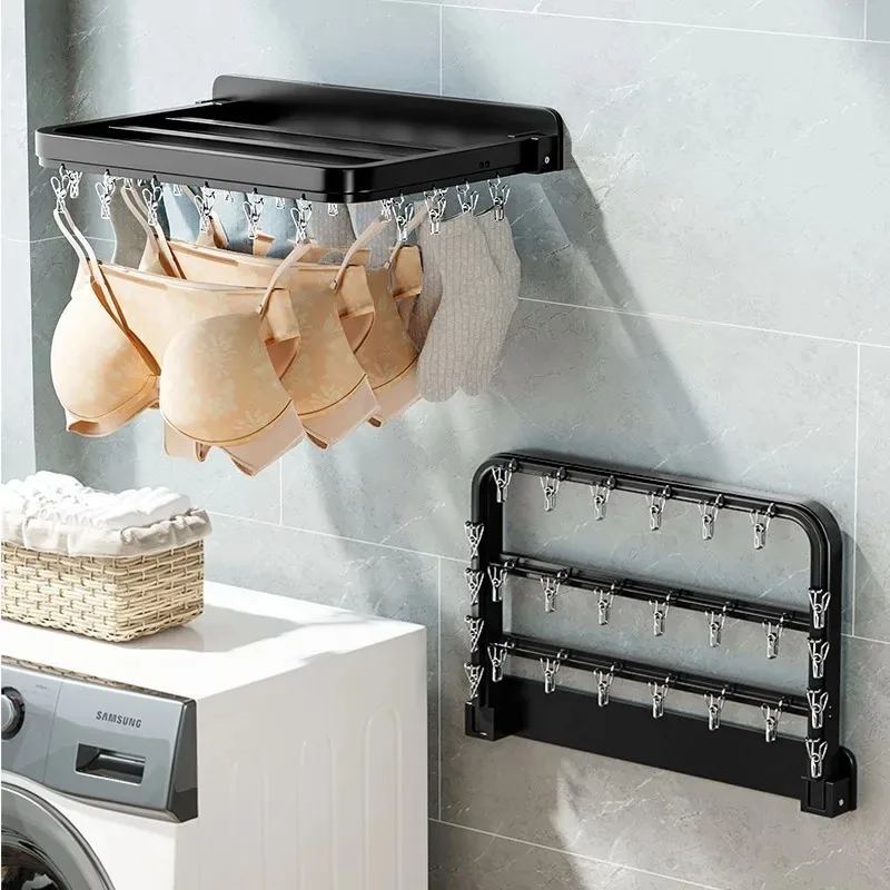Foldable Wall-mounted Bra Sock Drying Rack Underwear Holder Towel Shelf Hook Balcony Organizer Sock Clip for Laundry 2