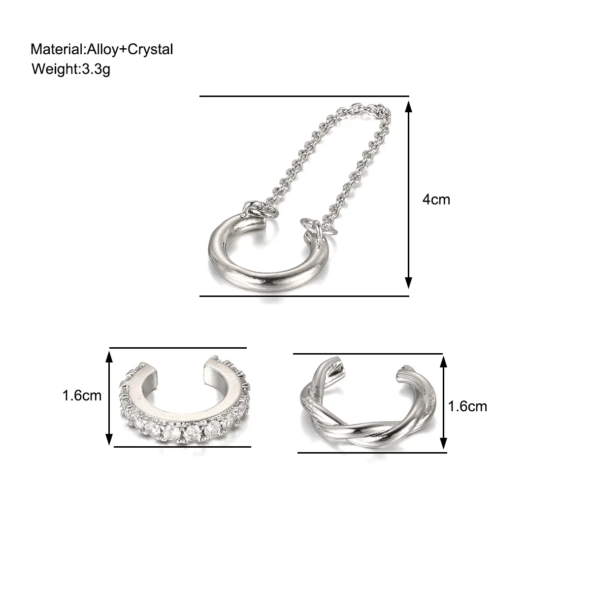 C Shape Rhinestone Zircon Ear Clip Earring 3Pcs/set for Women Simple Tassel Geometry No Piercing Ear Cuff Party Jewelry Gift ear clip earrings clip earrings ear clip ear accessories