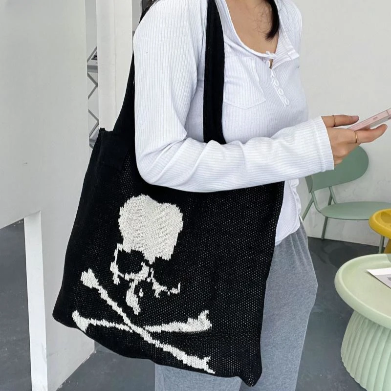 Women's Knit Skull Vintage All-Fit Large Capacity Shopping Bag Single Shoulder Wool Bag