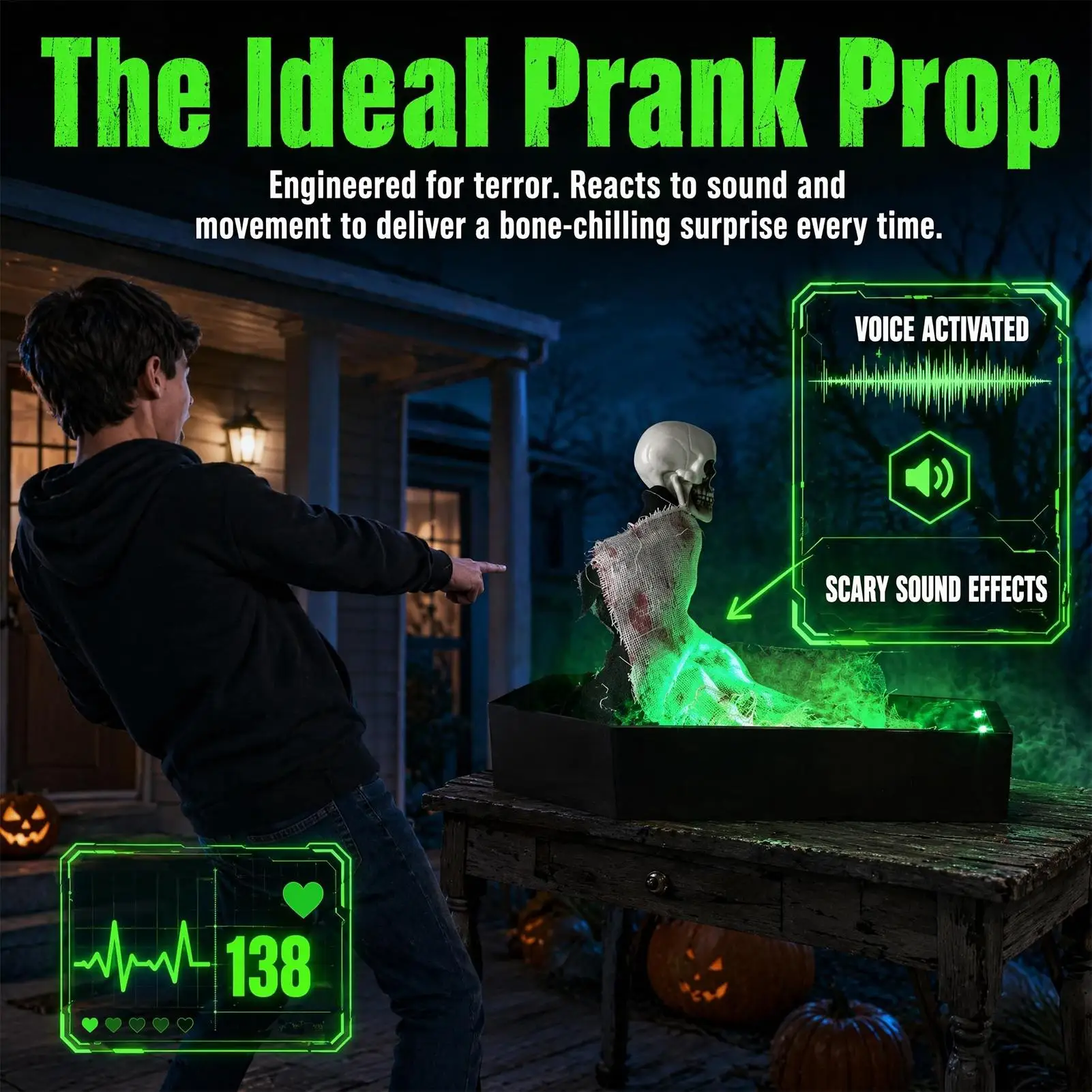 Sound-Activated Animated Skeleton Coffin with Green LED Lights and Scary Sounds - Halloween Decor for Home and Parties