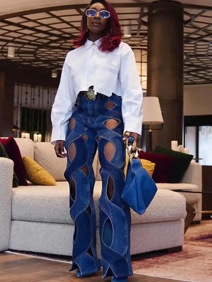 

Women's Casual Streetwear Cutout Hollow Out Criss Cross Straight Flare Denim Pants 2023 INS Fashion Wide Leg Jeans Trousers