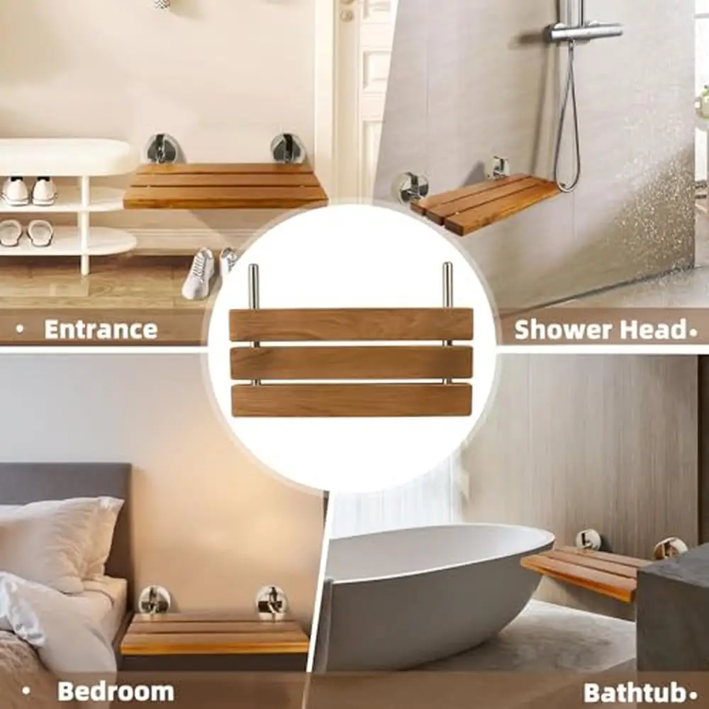 20 Inch Brushed Teak Wall Mounted Fold Down Shower Bench 330lbs Load ADA Compliant Home Care Seat 5