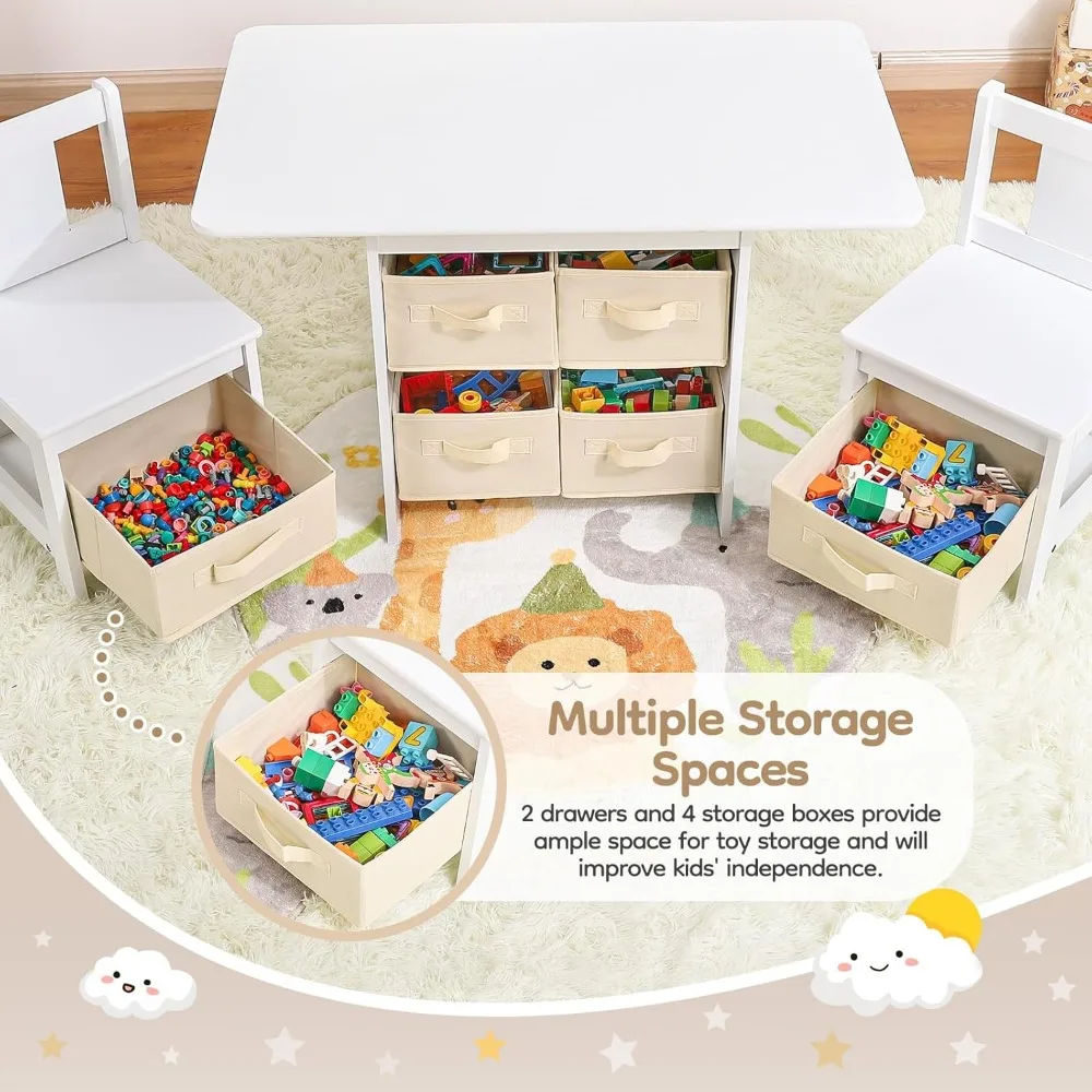 Kids Table and Chair Set (2 Chairs Included), Wooden Toddler Table and Chairs Set with 6 Storage Bins Boxes,Water Resistant 3
