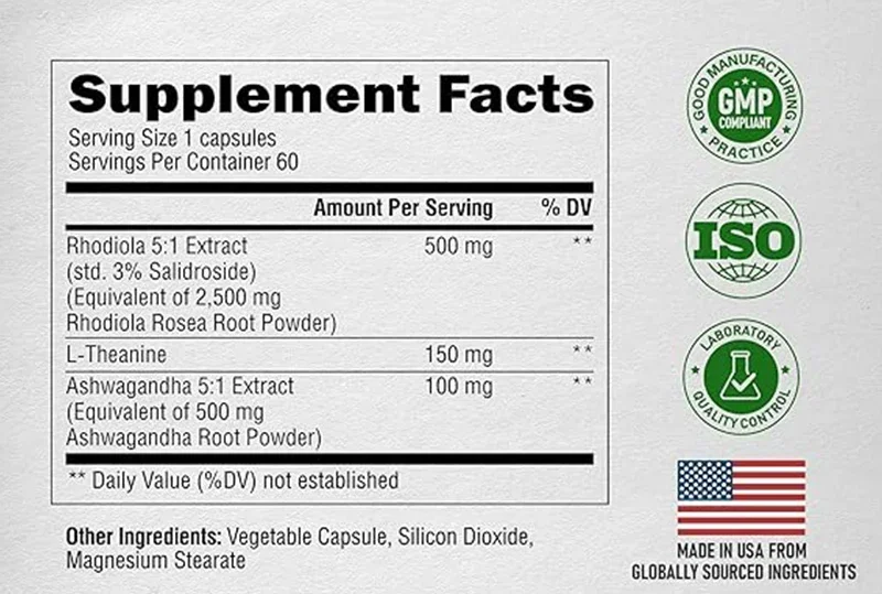Rhodiola Rosea Supplement- Rhodiola Extract 5:1 3% Salidroside-Ashwagandha & L-Theanine-60 Capsules