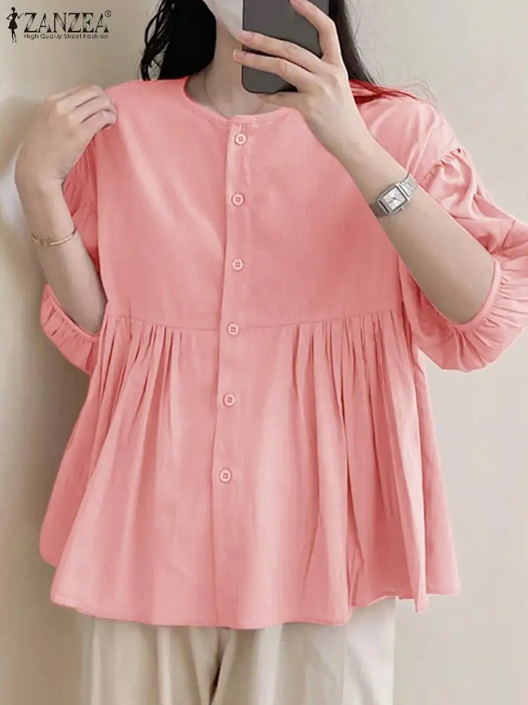 

Fashion Lantern Half Sleeve Tops ZANZEA Women Summer Blouse 2024 Casual Round Neck Pleated Shirt Vintage Solid Buttons Blusas
