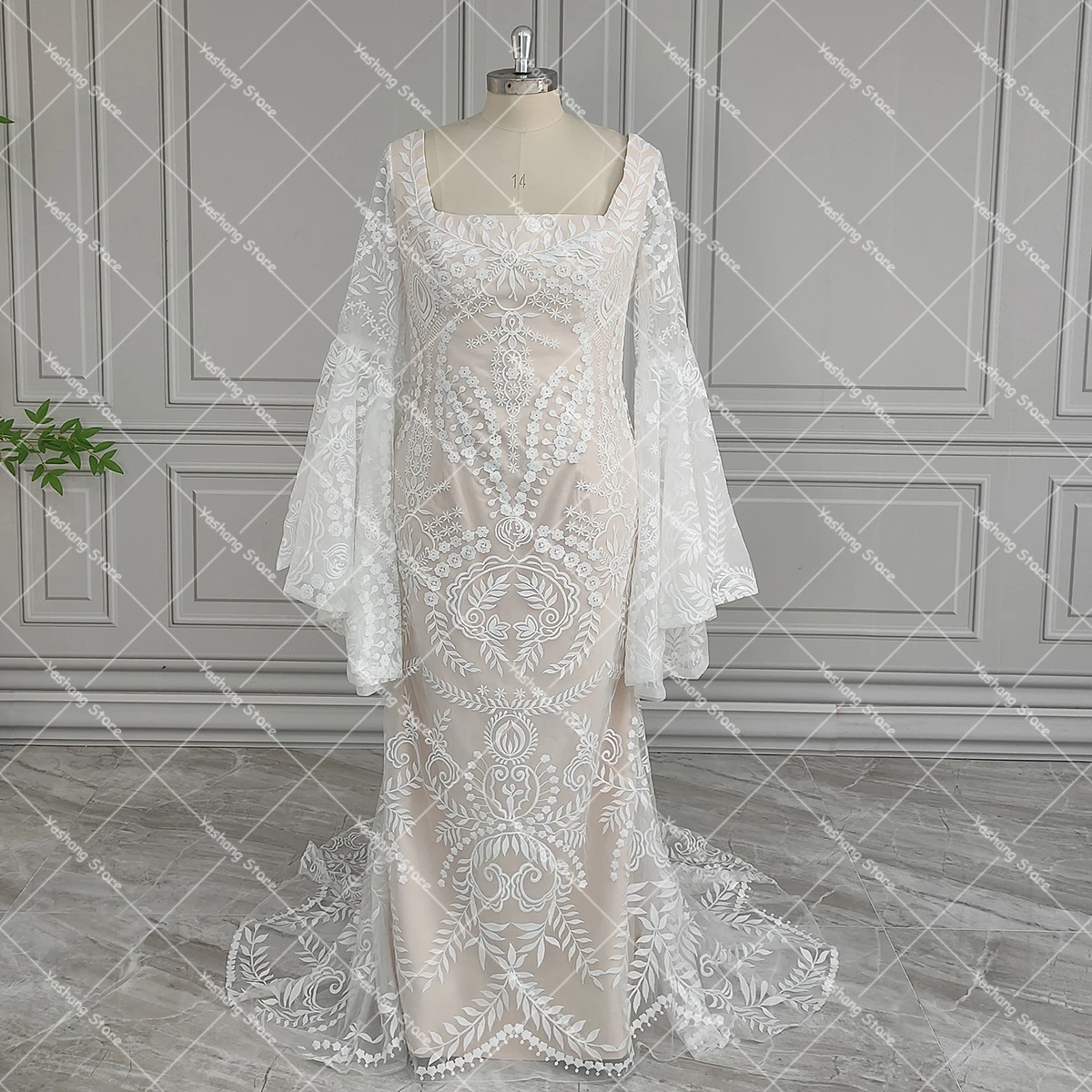 Boho Long Batwing Sleeves Lace Wedding Dress Drop Ship Customized Mermaid Rustic Beach 2026 Square Neck Open Back Bridal Gowns