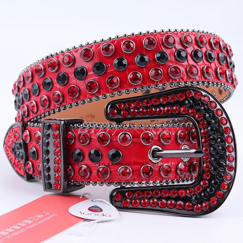 Genuine Leather Red Rhinestone Belt Luxury Designer Cowboy Bling Dimond Studded Belts For Woman Man Cinturones Para Hombre | Аксессуары