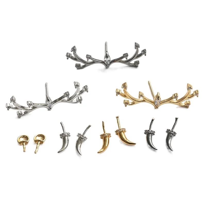

Copper plated real gold inlaid with zircon Christmas elk horn single horn ear DIY hand made baroque pearl pin accessory material