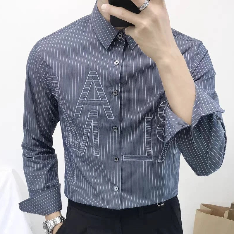 Spring Autumn New Turn-down Collar Fashion Long Sleeve Shirt Man High Street Casual Slim Button Cardigan Letter Embroidered Tops