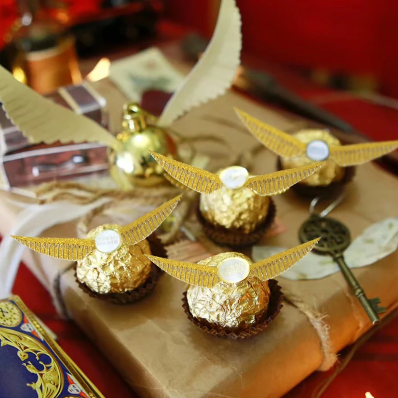 50Pcs Wings Chocolate Cake Party Decoration Wizard Topper Gold Wing Cupcake Toppers Snitch Wedding birthday Decor