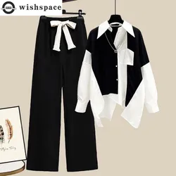 Black and White Patchwork Chiffon Dust Casual Wide Leg Pants Two-piece Set Elegant Women's Pants Set Summer Office Outfits